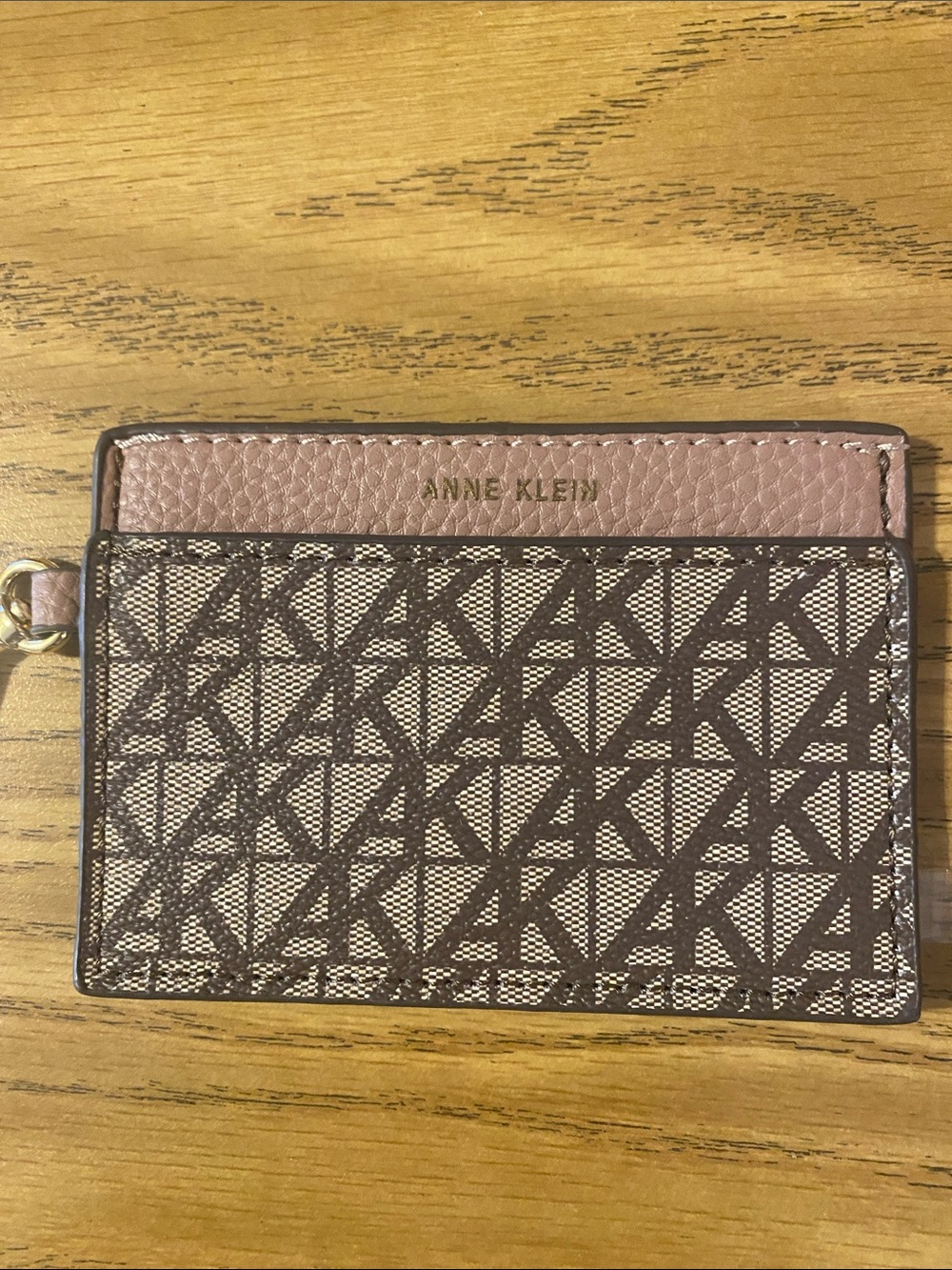 Anne Klein Pink Trim Brown Monogram Card Holder with Snap Hook - Picture 2 of 4